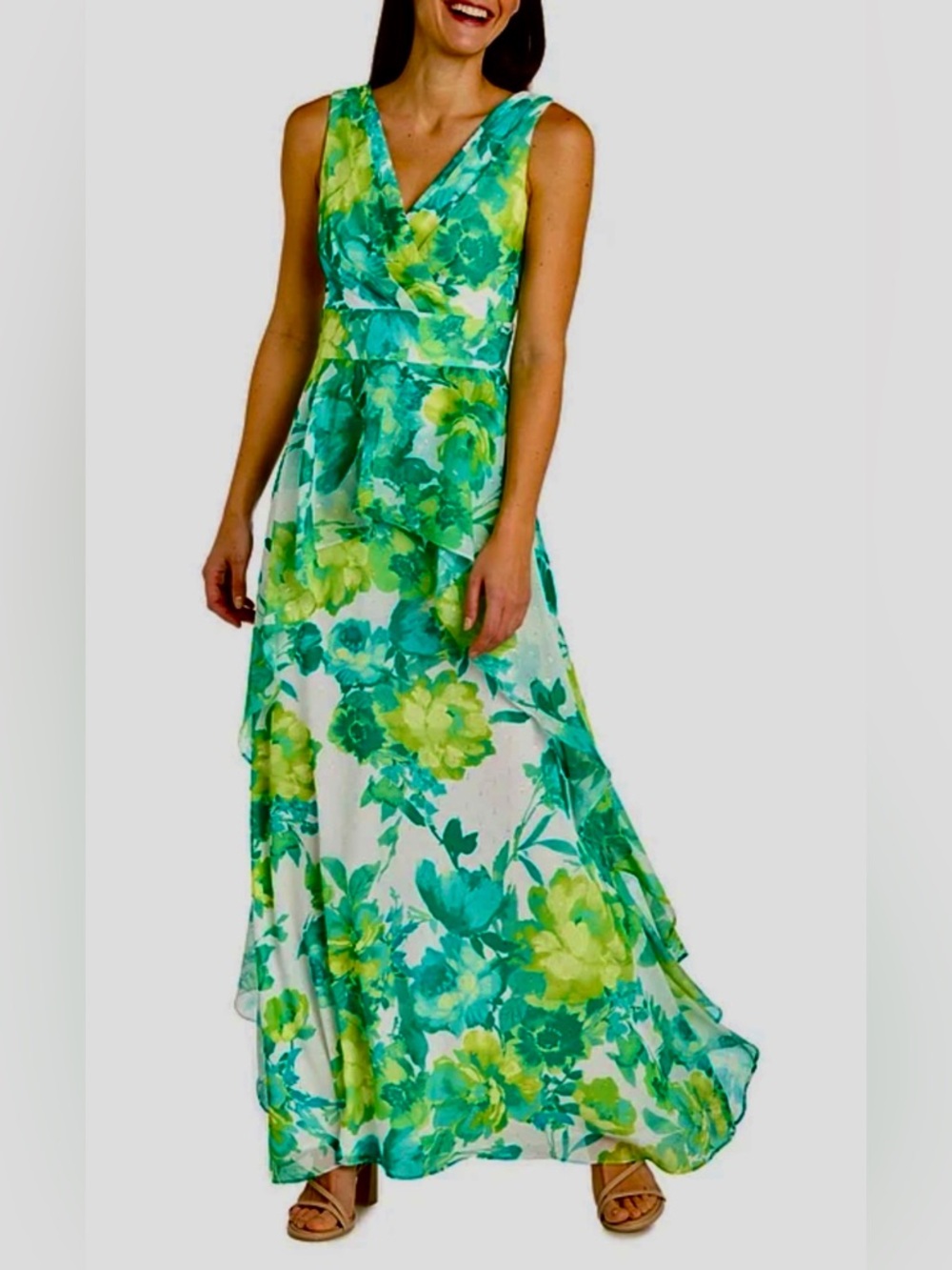 R&M Richards Green and Lime Floral V-Neck Maxi Dress